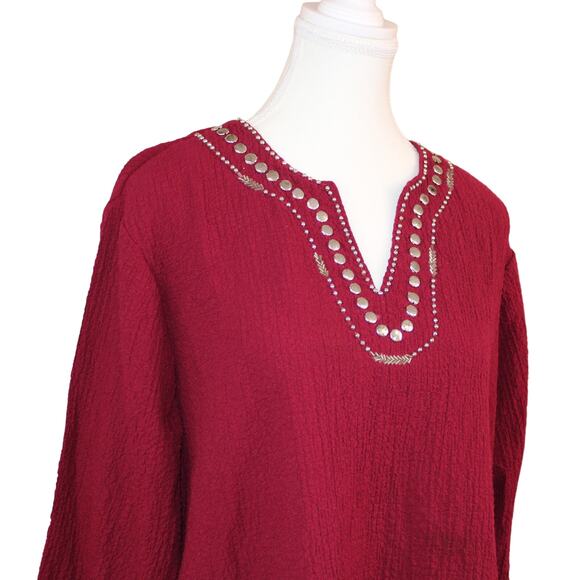 Cathy Daniels 3/4 sleeve Embellished Crinkle Gauze Top SZ L FREE SHIPPING - Picture 1 of 7